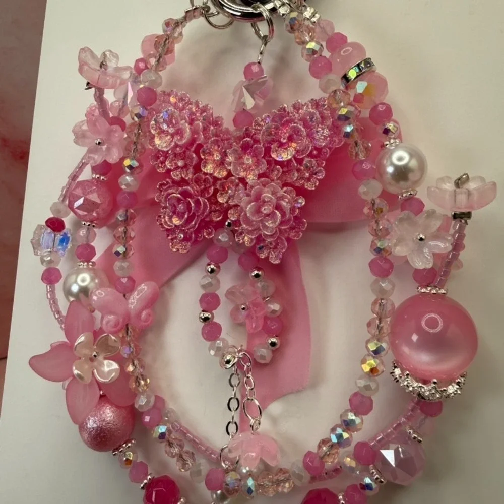 Flower Butterfly Pink Crystal Beaded Coquette Phone Wristlet Charm‎ Premium
